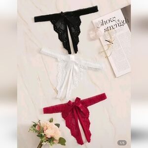 Elegant Lace Bow Thong Set - Black, White, Red